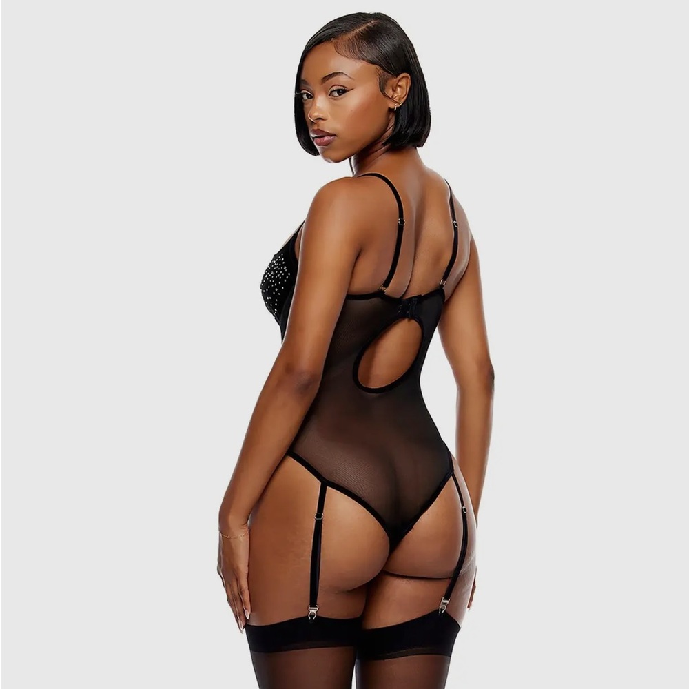 STUNNING! Black Velvet Rhinestone Sheer Bodysuit